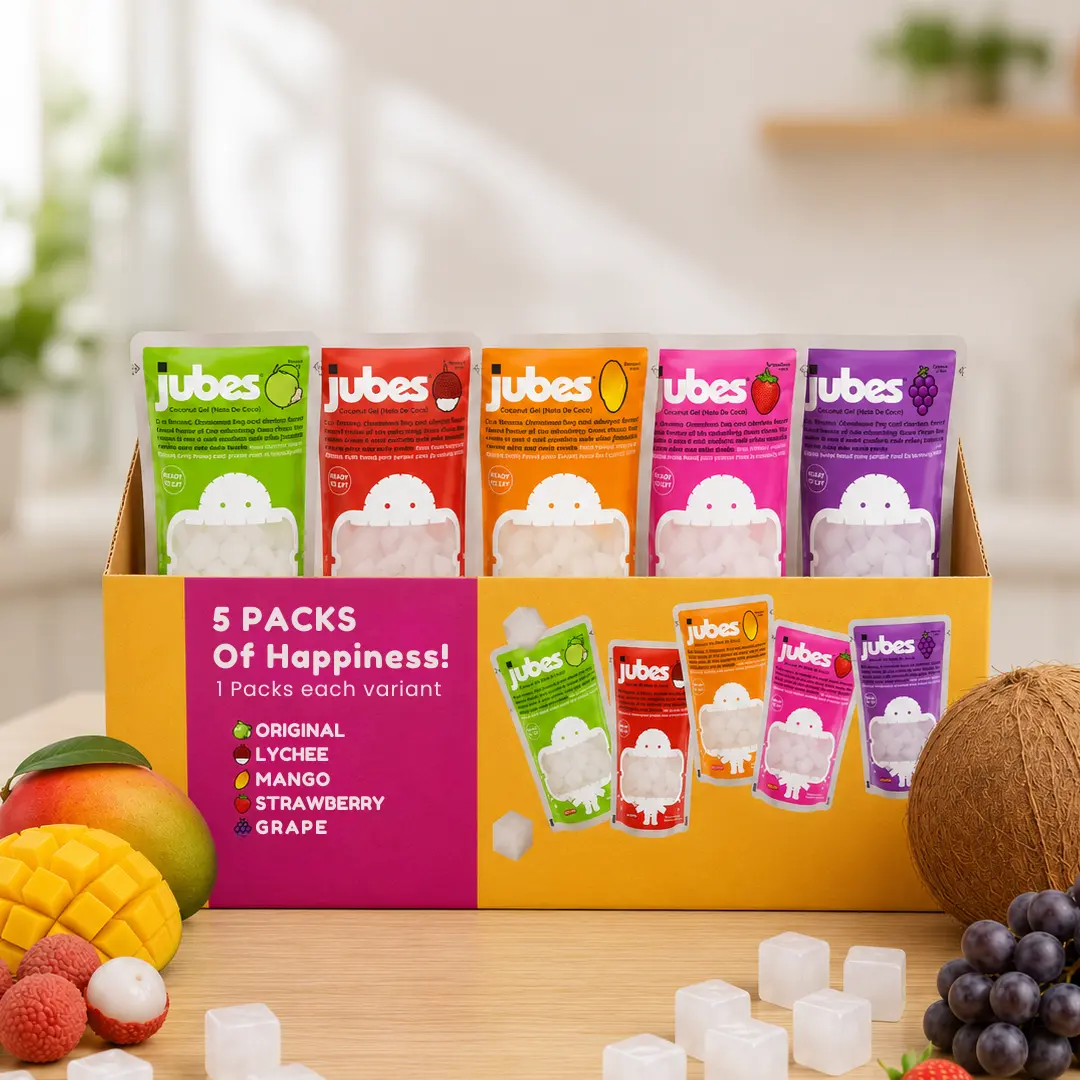 Jubes Nata De Coco Coconut Jelly Cubes, Variety 5 Flavor Dessert Treats, Chewy Jelly Packets for Toppings and Desserts