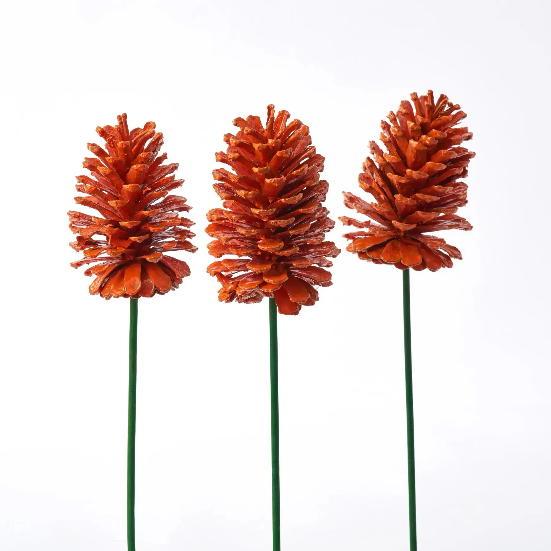 Decorative Orange Painted Pinecone on Green Wood Pick Set - 3-Piece Artificial Flower Plant Floral All-Season Room Decor