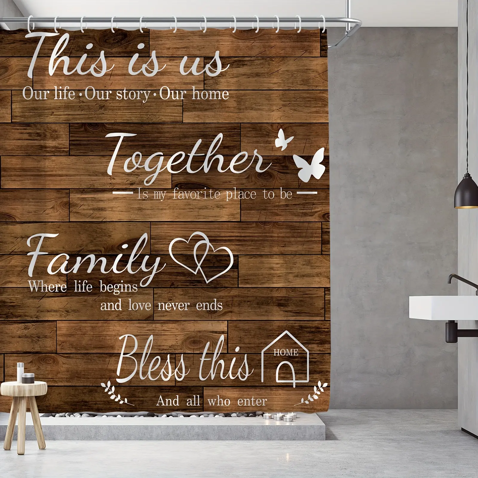 HOT 1PC Brown Wood Board Print Shower Curtain  White Monogram Pattern Print Washable Waterproof Cloth Shower Curtain with 12 Plastic Hooks  Bathroom Accessories  Home Décor  71 x 71 Inches