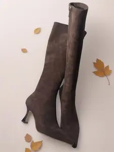 Women's Fall Winter Knee High Boots, Simple Design, Elastic Suede Material, Pointed Toe Heels, Snip Toe, Perfect for Casual Wear, Elegant Boots, Footwear