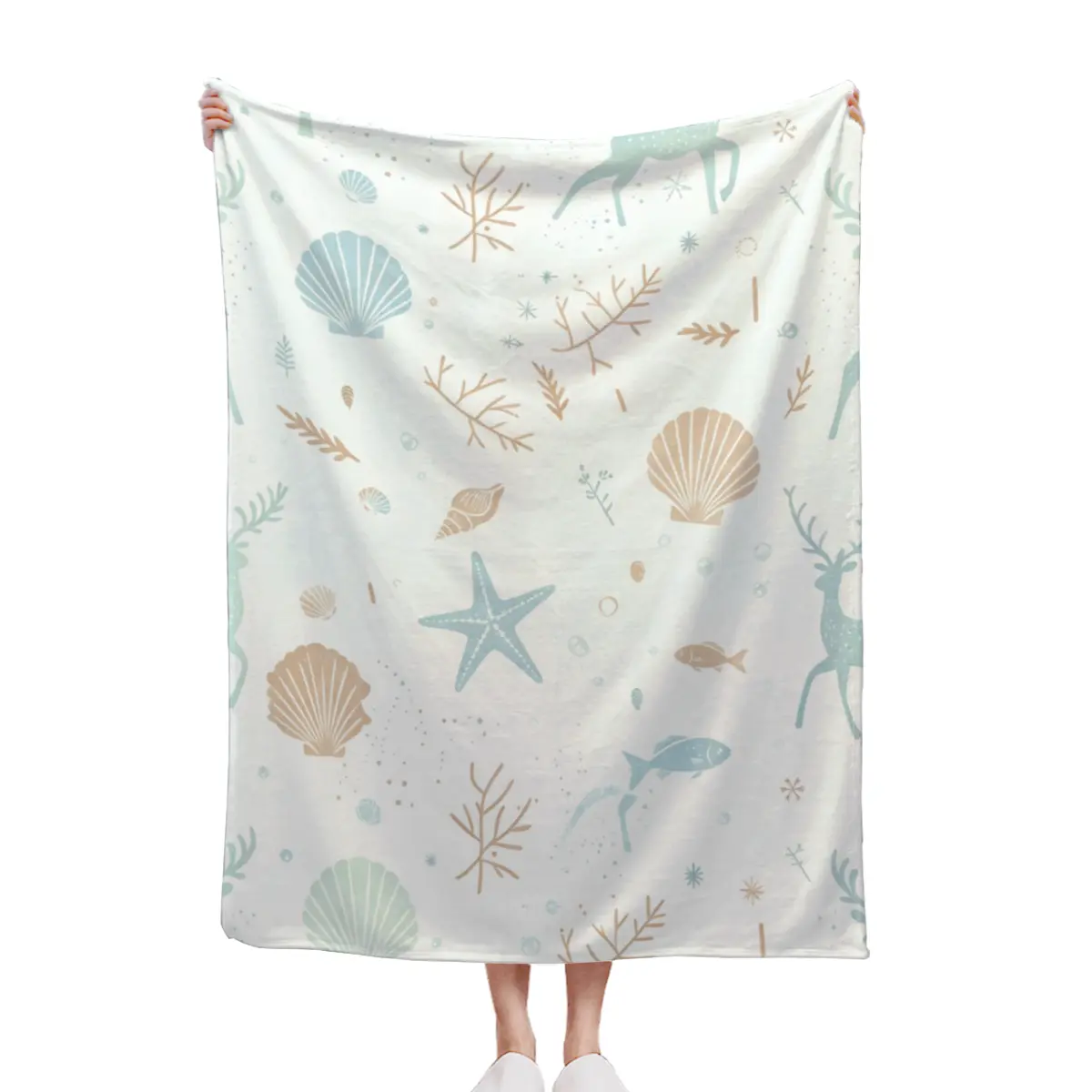 Coastal Seashell Starfish Seahorse Pastel All Over Print Throw Blanket Beach Ocean Aesthetic Light Blue Fleece Blanket