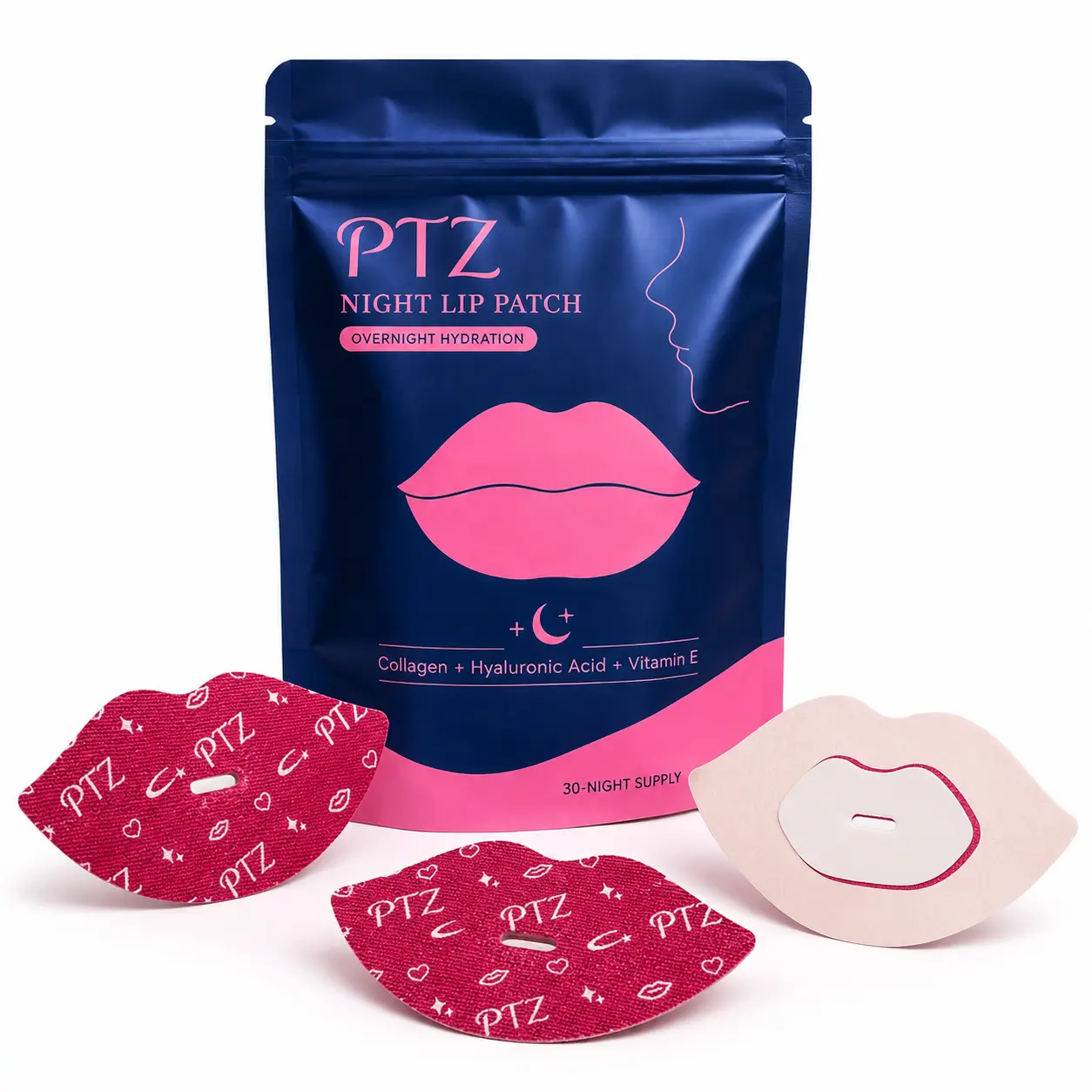 PTZ Night Lip Patch for Overnight Lip Care, Soft Fabric Lip Mask with Center Opening, 30-Night Supply