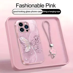 Fairycore Butterfly Phone Case – Elegant Floral Pearl Cover with Lanyard for iPhone 15/14/13/12/11 (975)