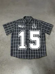 Men's Racing Casual Plaid Shirt | Number 15 Graphic & Star Logo | Black & White Checkered Fabric | Oversized Short Sleeve | Perfect for Streetwear & Motorsport Style | Urban Essential