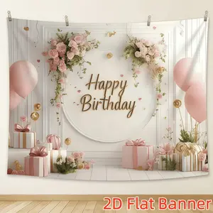 1PC,2D Flat Customize Backdrop Birthday Decoration Backdrop, Pink Floral Balloon Gift - themed Party Backdrop, Romantic And Warm Birthday Scene Decoration Tapestry, Party Photo Background Decoration