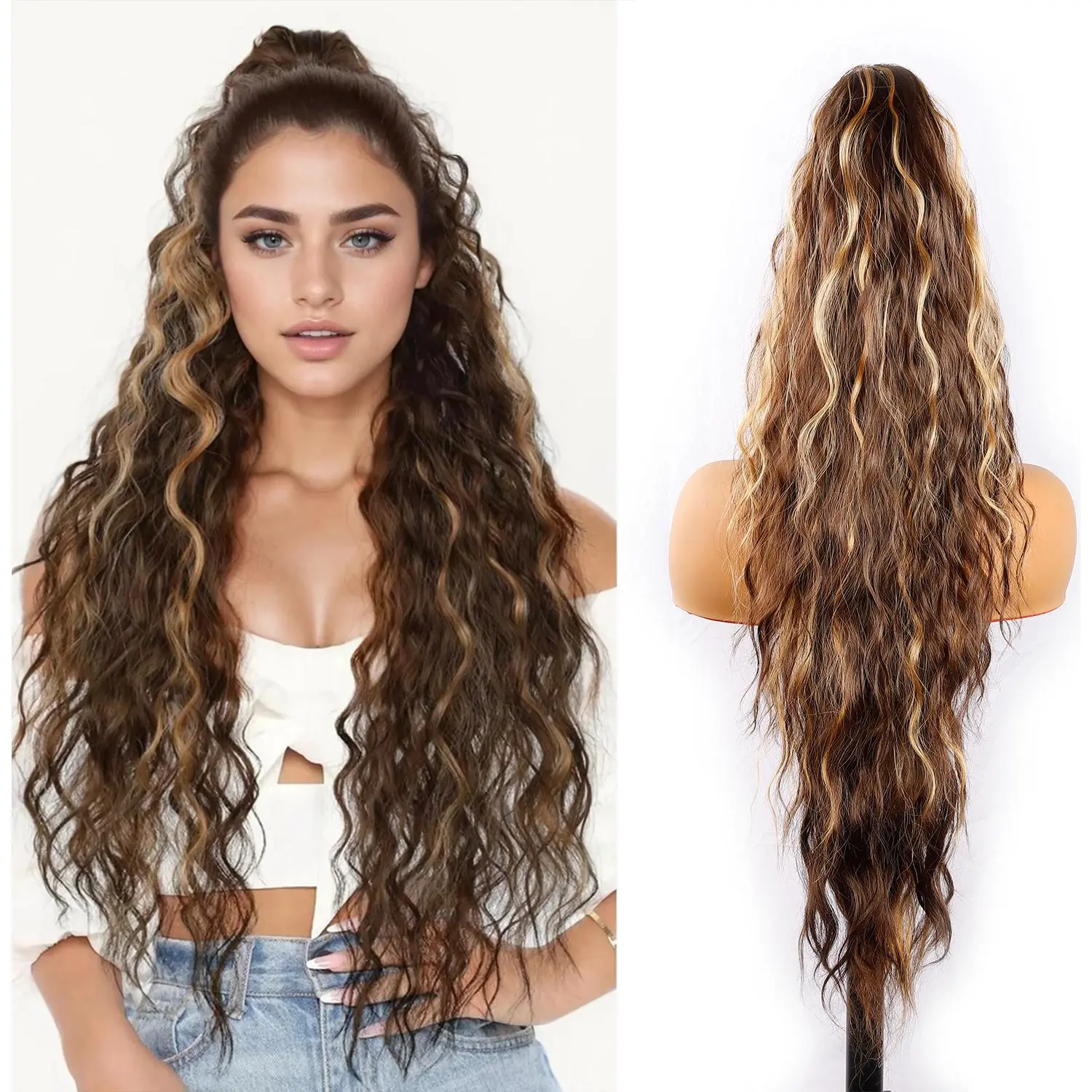 TwiceBeauty 30 Inch Ponytail Extension, Long Wavy Curly Clip-in Heat-Resistant Synthetic Hairpiece for Women, Thick 200g Natural Look, Ponytail Hairstyles, Curly Hair Extensions