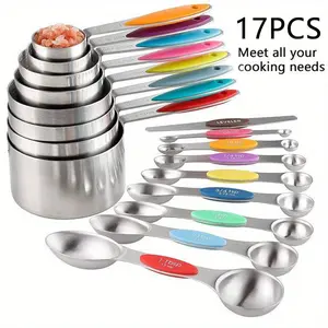 9/17-Piece Stainless Steel Measuring Cups & Spoons Utensil Set, Metric Marks, Accurate Dry & Liquid Measurement, Non-Slip Silicone Handles, Essential Baking & Kitchen Tools for Cooking Needs
