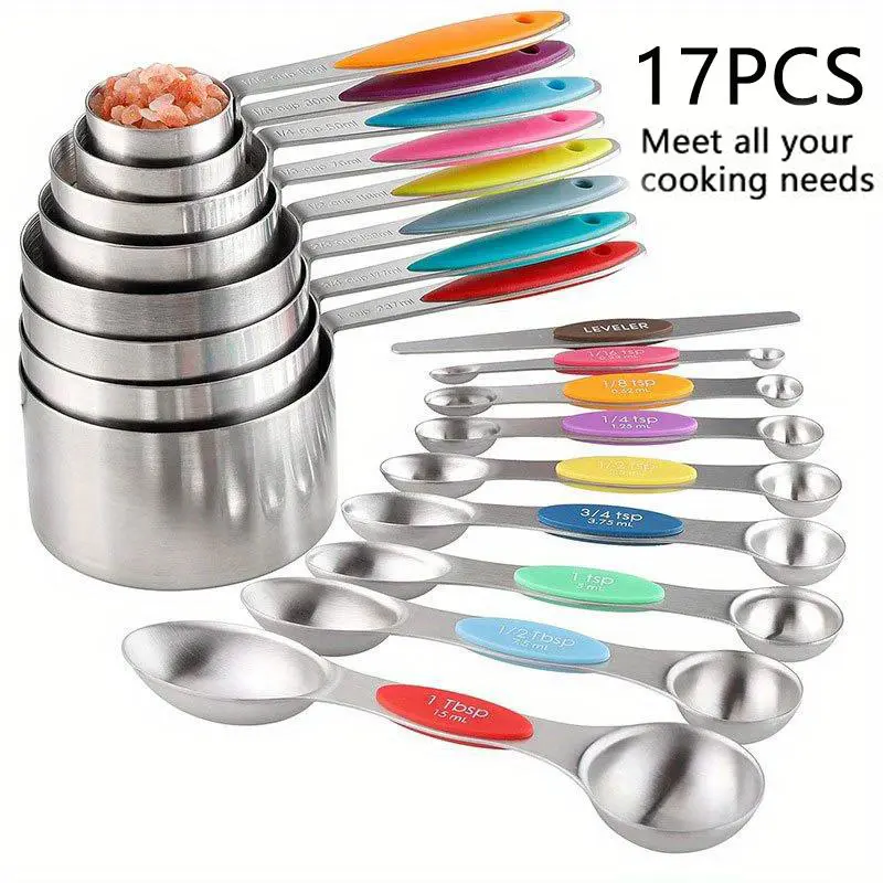 17-Piece High-End Stainless Steel Measuring Cup and Magnetic Spoon Set - Metric Marked, Accurate Dry/Liquid Measurement, Non-Slip Silicone Handle, Food-Grade Heat-Resistant Kitchen Bakeware for Cooking Needs