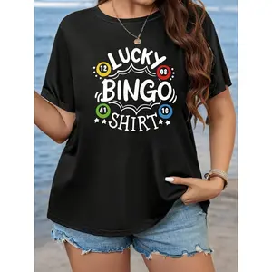 Women's Plus Size Graphic Tee - "Lucky Bingo" Theme Black T-Shirt with Colorful Number & Star Print, Soft Short Sleeve Round Neck, Comfortable Oversized Fit for Summer Casual Wear, Street Style and Fun Daily Outfits