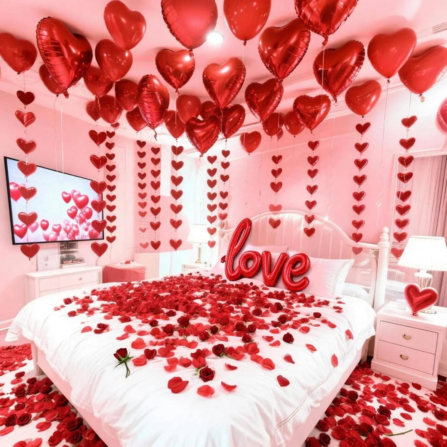 Valentine's Day Love Theme Decorations Set - 1000 Rose Petals, 31 Red Heart Balloons, LOVE Foil Balloon, Premium Felt Great Decorative Heart Garland, Romantic Indoor Decor for Birthday, Proposal, Wedding, Baby Shower, Party