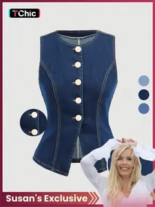 【Susan's Exclusive】Elegant Slim-Fit Sleeveless Denim Jacket for Women, High Stretch Fabric, Casual All Seasons Wear, Unique Stylish Design
