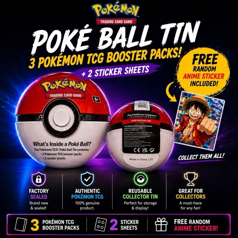 Pokémon Official TCG L25 Poké Ball Collectible Cards Sealed Box - 3 Booster Packs, 2 Sticker Sheets, Factory Sealed, FREE Random Anime Sticker, Near Mint