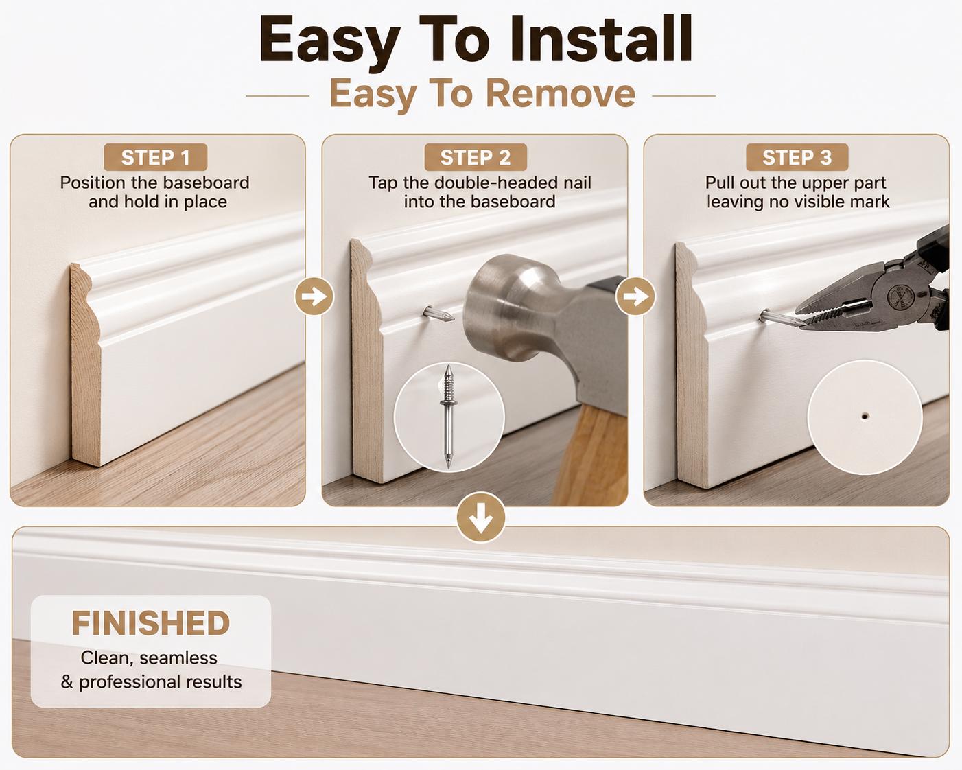 100PCS Invisible Double-Head Trim Nails, Seamless Baseboard Fastening Kit for Wall Panels, Moldings & Picture Hanging