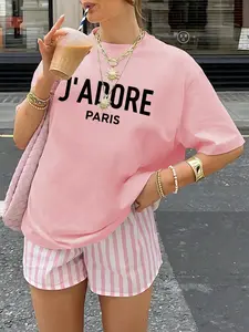 Women's "j'adore Paris" Print Round Neck Tee, Fashion Casual Drop Shoulder Short Sleeve T-Shirt, Ladies Summer Clothes for Daily Wear, Casual Style Tee, Top