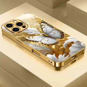 Premium Gold Wing White Butterfly New Electroplated Gold Tempered Glass Phone Case for iPhone 16, 15, 14, 13, 12/iPhone 16, 15, 14, 13, 12 Plus/iPhone 16, 15, 14, 13, 12 Pro/iPhone 16, 15, 14, 13, 12 Pro Max/iPhone 17/17 Pro/17 Pro Max Full Coverage Anti-
