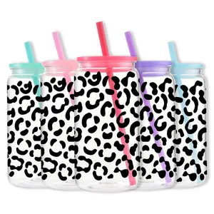 Leopard Print Plastic Mason Cup with Lid & Straw, 16oz/500ML Water Bottle, Iced Coffee Cup, Drinkware for Home Office Outdoor Camping, Tumbler