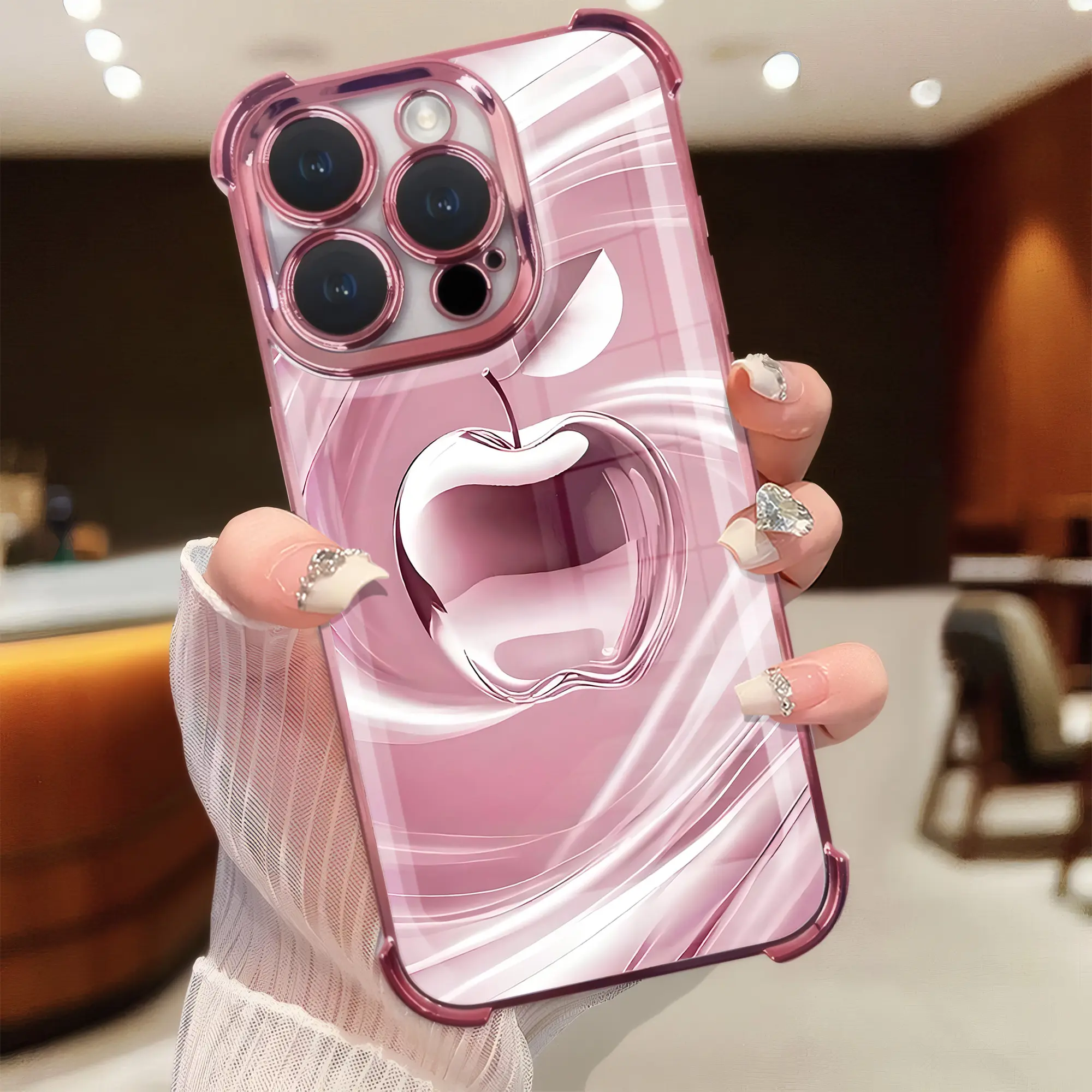 Shiny Pink Metallic 2D Printed Wavy Swirl Fake 3D Visual Effect Silicone Phone Case - Fingerprint-Resistant, Reinforced Corner Shockproof Silicone Shell, Customized Nursing-Compatible Accessory for iPhone 17 16 15 14 13 12 11 X Xs Max Plus Pro Pro Max