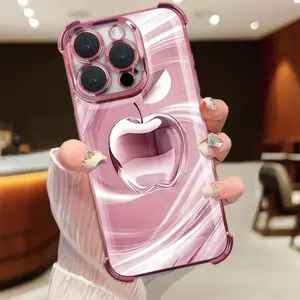 2D Print Faux 3D Pink Metallic Apple Flowing Swirl Clear Phone Case, Reinforced Four Corner Shockproof Soft Transparent Silicone Cover Suitable For iPhone 17/16/15/14/13/12/11/X/Xsmax Plus Pro ProMax