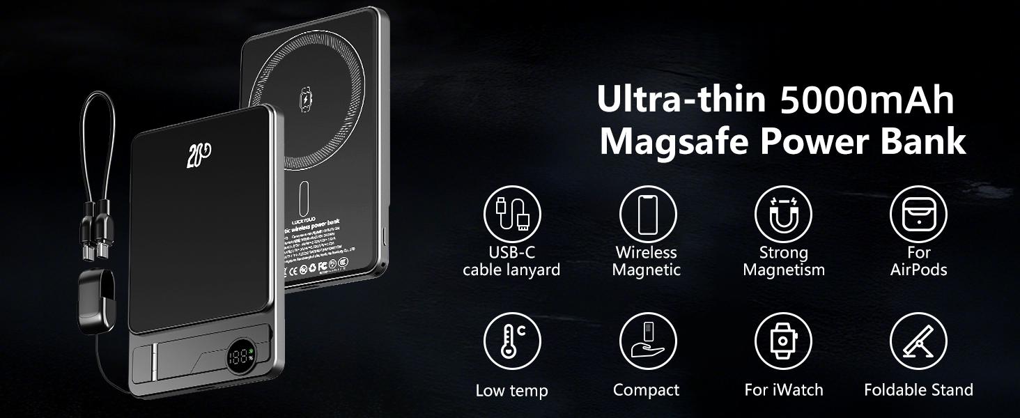 3 in 1 Magnetic Wireless Power Bank, Slim Magnetic Portable Charger with Foldable Stand & LED Display, PD 20W USB C Cable Magnetic Battery Pack for iPhone 17/Air/Pro/16/15/14/13 (5000mAh)