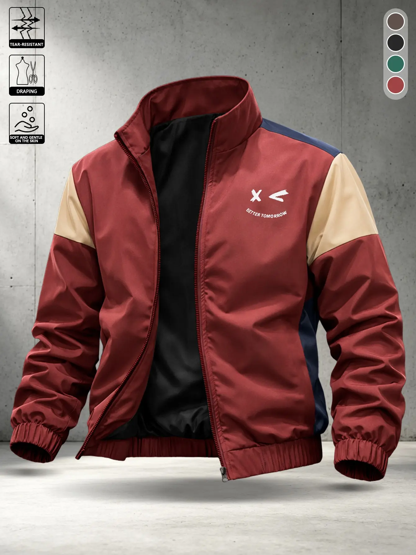 Men’s three-color patchwork stand-collar windproof casual jacket. Fabric is wear-resistant, skin-friendly, and drapes well. Windproof and water-repellent, lightweight and breathable. Full-length zipper closure. Chest features a minimalist letter print; si