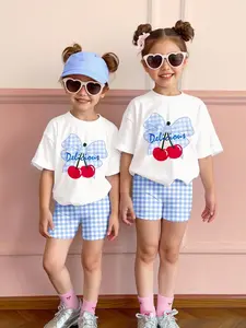 Summer Blue Plaid Strawberry Print Set, Girls Casual, 2 Piece Girl T-Shirt and Tight Cycling Shorts, Comfortable Elastic Waist Pants