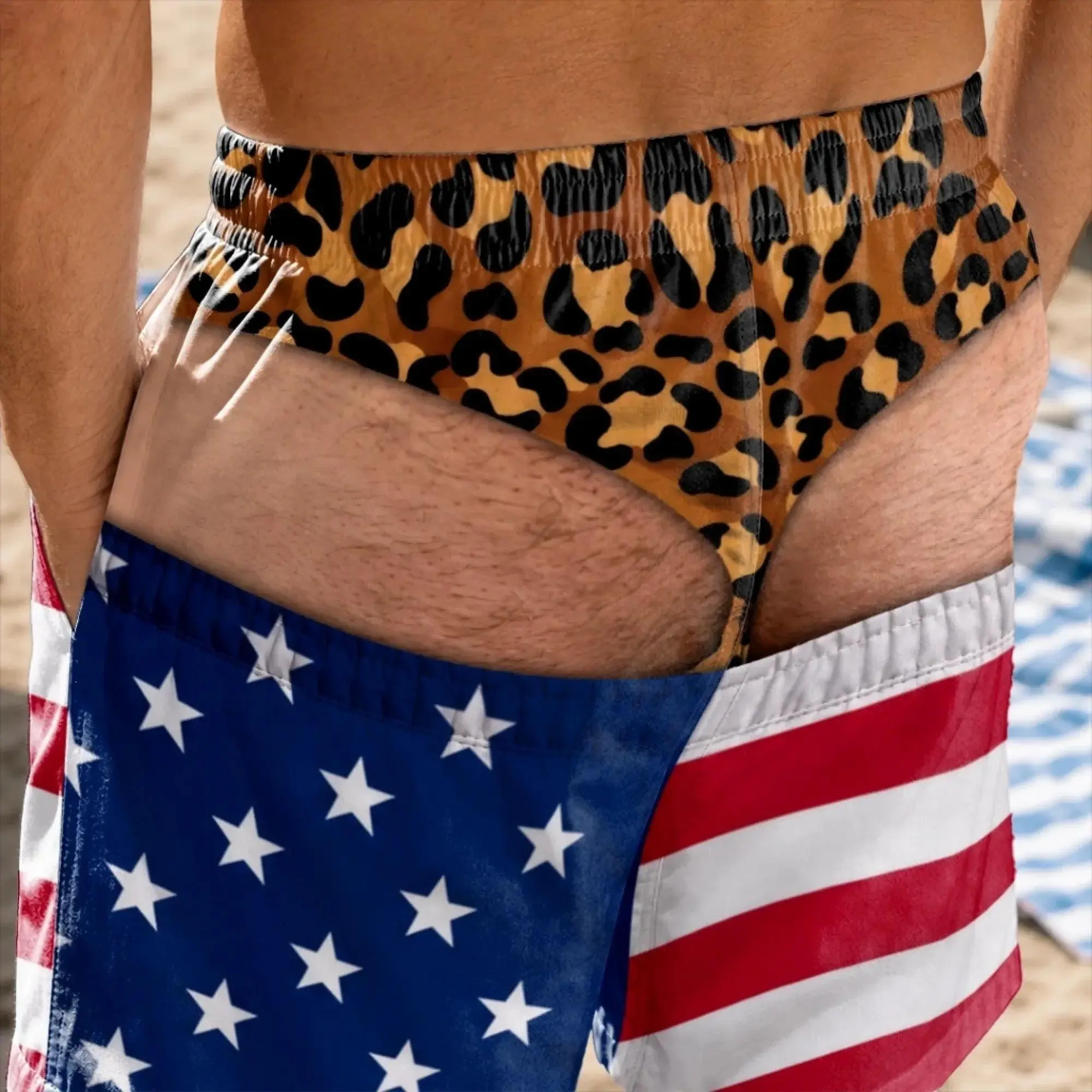 Funny Men’s Swim Trunks, Custom Fake Underwear Beach Shorts, Wide Load Birthday Gag Gift For Him