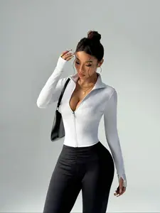 Women's Solid Zip Up Thumb Hole Design Jacket, Casual Fashion Zipper, Casual Long Sleeve Zip Front Outerwear for Daily Wear, Ladies Clothes for Spring & Fall, Coats