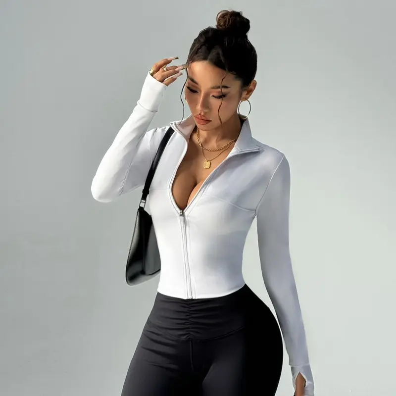 Women's Solid Basic Zip Up Thumb Hole Design Jacket, Casual Long Sleeve Zip Front Outerwear for Daily Wear, Ladies Clothes for Spring & Fall, Coats, Womenswear, Casual Fitted Outerwear