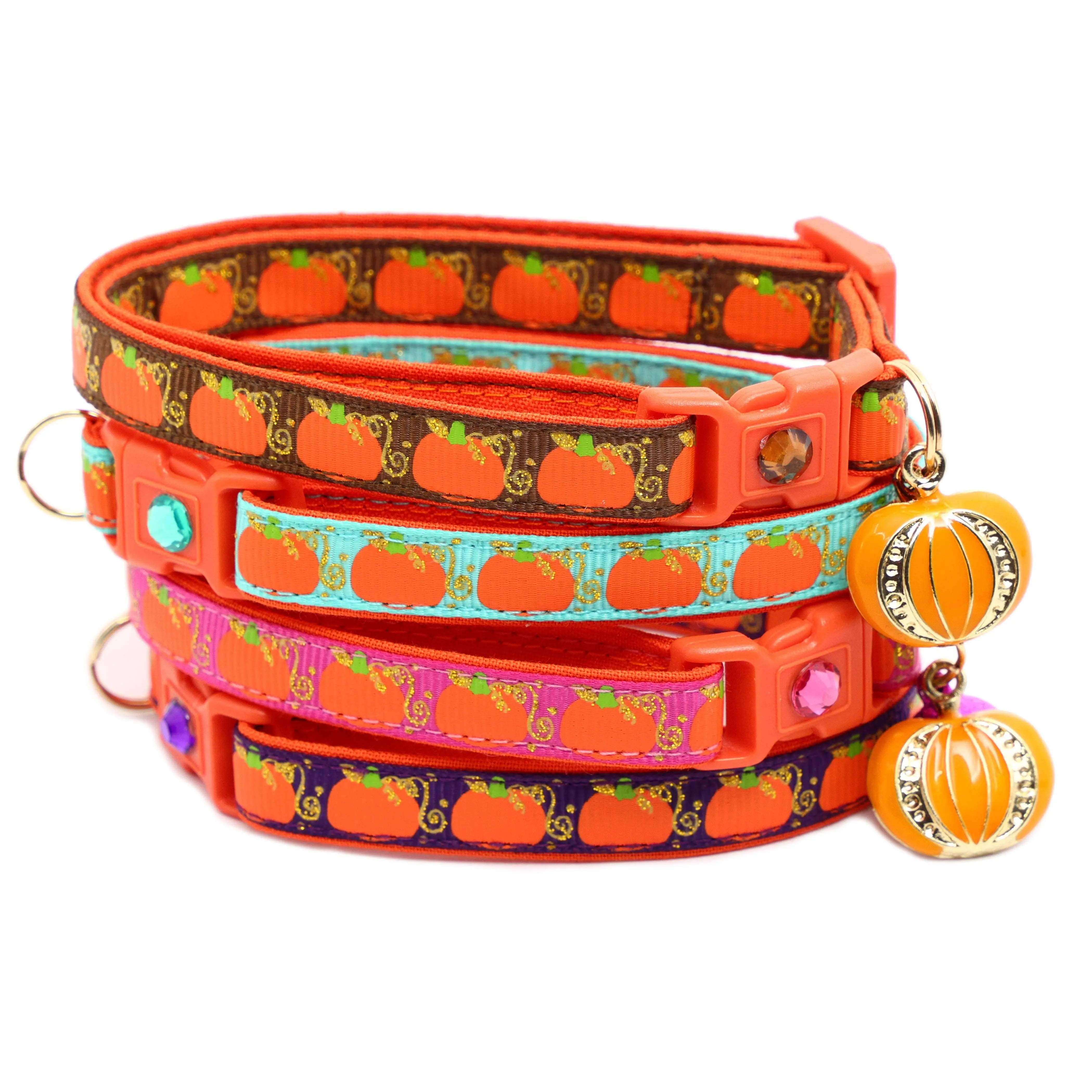 Pumpkins & Gold Breakaway Safety Handmade Cat Collar by Pugs2Persians with Matching Jingle Bell & Charm Fall Autumn Thanksgiving