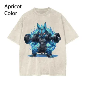 Lucar Gym Shirt, PKM T-shirt, Anime Workout Graphic Tee, Fitness Pokebon Shirt, Apricot Vintage Washed T-Shirt, Bodybuilding Otaku Streetwear, Y2K Oversized Gym Tee Gift Womenswear