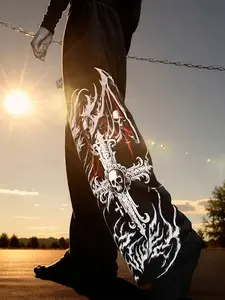 Men's Loose Anime Print Sport Pants, Sports Pants, Skull Pattern Wide Leggings, Soft Breathable Fabric, Street Style, Casual Fitted Joggers, Wide Leg Design