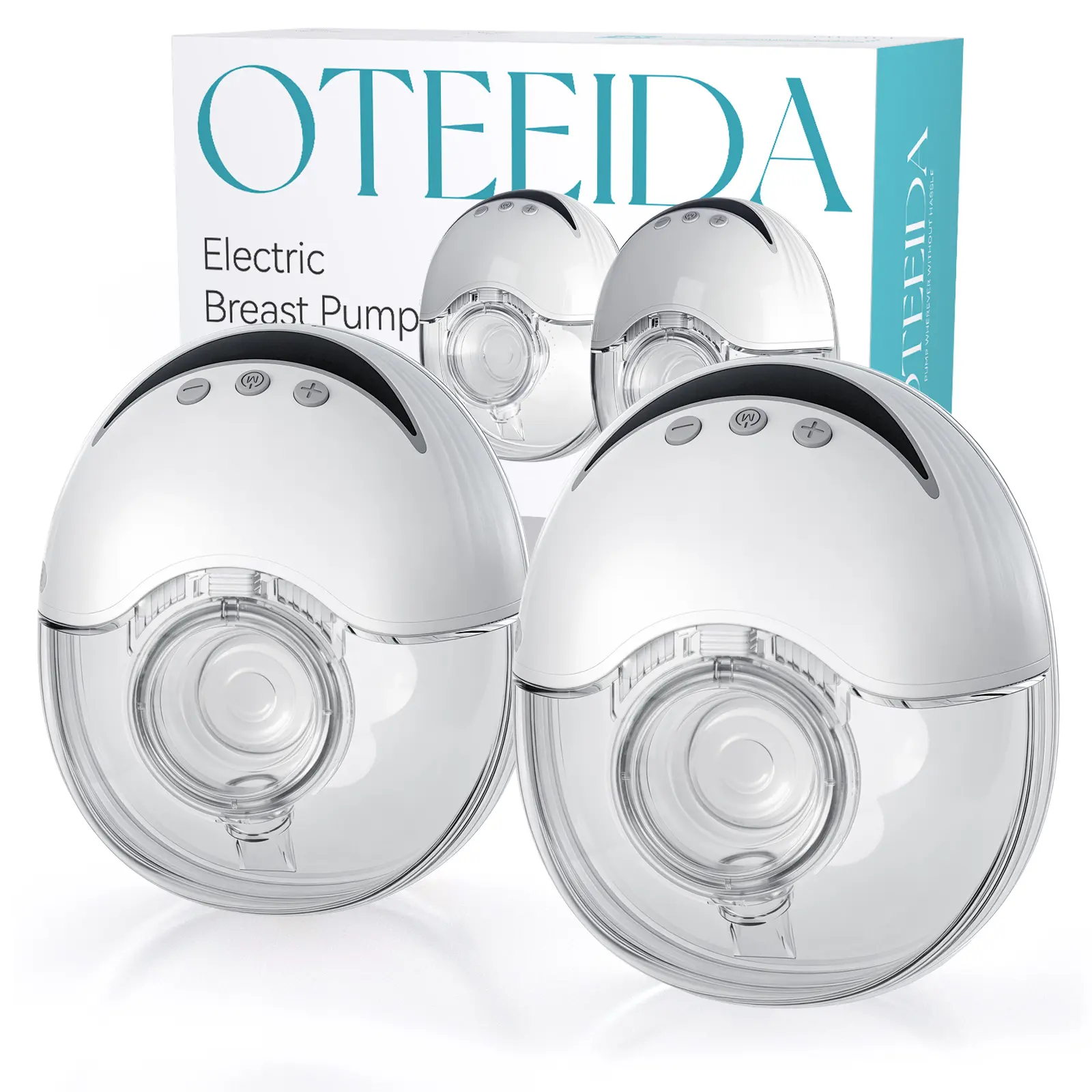 OTEEIDA Hands Free Wearable Breast Pump 2 Pack White, Full Kit with 5 Milk Storage Bags & 3 Size Flanges, 4 Modes & 12 Suction Levels, Low Noise Strong Suction Electric Breastfeeding Pump