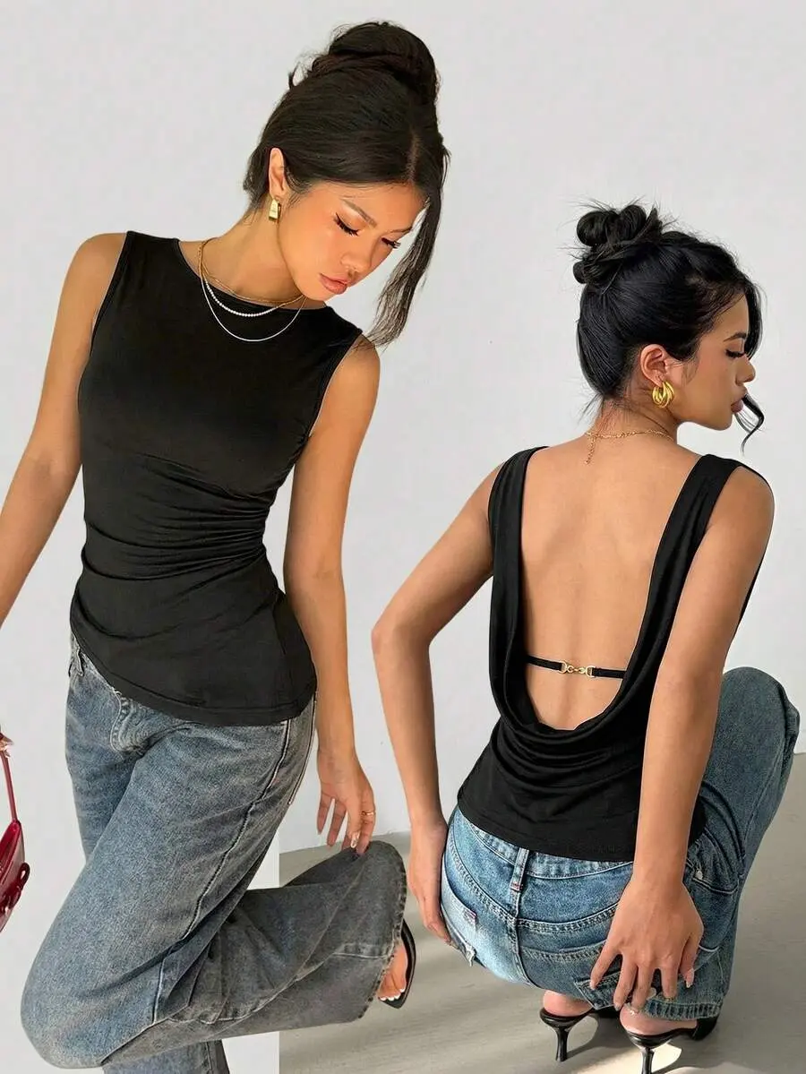 PERFECT Siren Gzae Backless Social Blouse Summer Tops Women's Solid Color Round Neck Casual Versatile Daily T-Shirt For Women Open Back