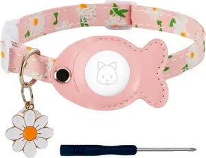 Cat Collar for Airtag, Breakaway GPS Tracker Kitten Collar with Airtag Holder and Bells for Girl Boy Cats Cute Personalized Cat Collar with Fish Adjustable Length (Pink, XS： 7-12 inch)