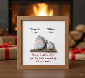 Minimalist Pebble Art Mother Daughter Christmas Gift | Personalized Name Stone Art | Black Framed Modern Decor | Warmest Gift Quote for Mom