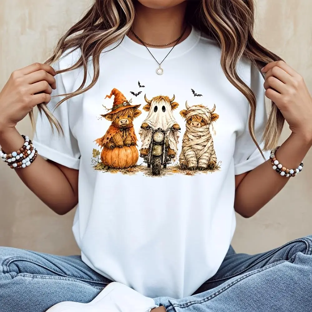 Cute Halloween Cow Scarecrow Ghost Motorcycle Print T-Shirt, Autumn Festival Party Top, Casual Holiday Wear