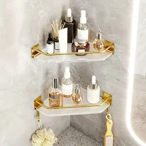 Double-layer Triangular Shower Storage Rack, No Drilling Gold Bathroom Shelf, Rust-Resistant Space Saving Corner Organizer, Easy Install for Small Bathrooms, Durable Anti-Rust Shower Caddy Self-Adhesive Set Steel