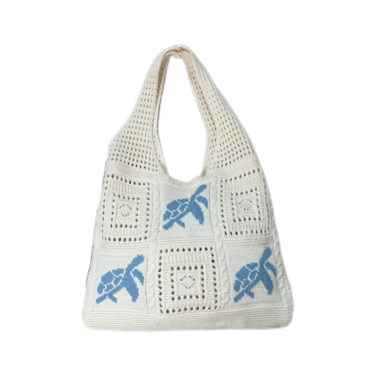 Light Blue Crochet Crossbody Bag for Women Turtle Shape Hollow Out Animal Pattern Casual Single Shoulder Bag Fixed Strap Hand Washable Beach Vacation Travel Bag