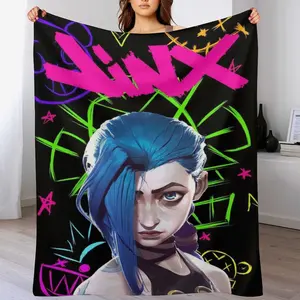 Arcane Jinx Graffiti Flannel Throw Blanket, Jinx Neon Comfort Blanket, and Chaos Street-Style Throw Blanket—Ideal for Esports Room Decor