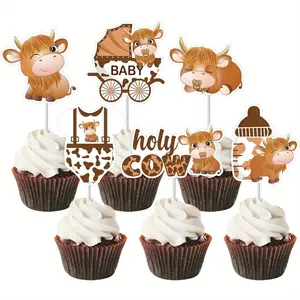 1Set Highland Cow toddler Shower Cupcake Toppers - Cartoon Highland Cow toddler Shower Decorations, Double Sided Highland Cattle Holy Cow Welcome toddler Cake Decor for Pregnancy Newborn Party