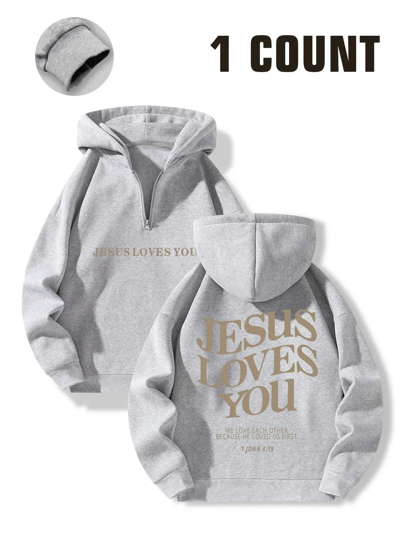 Text Print Half-Zip Long Sleeves Hoodie, Religious Faith Christian Top, Fall & Winter Inspirational Sweatshirt, Comfortable Fashion Casual Wear, Fit Loose