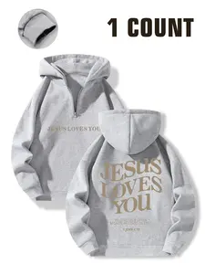 Text Print Half-Zip Long Sleeves Hoodie, Religious Faith Christian Top, Fall & Winter Inspirational Sweatshirt, Comfortable Fashion Casual Wear