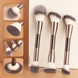 3-Piece Dual-Ended Makeup Brush Set, High-End Coffee Color, Large Fluffy Powder/blush Brush, Angled Highlighter/contour Brush, Multi-Functional Makeup Brush Kit