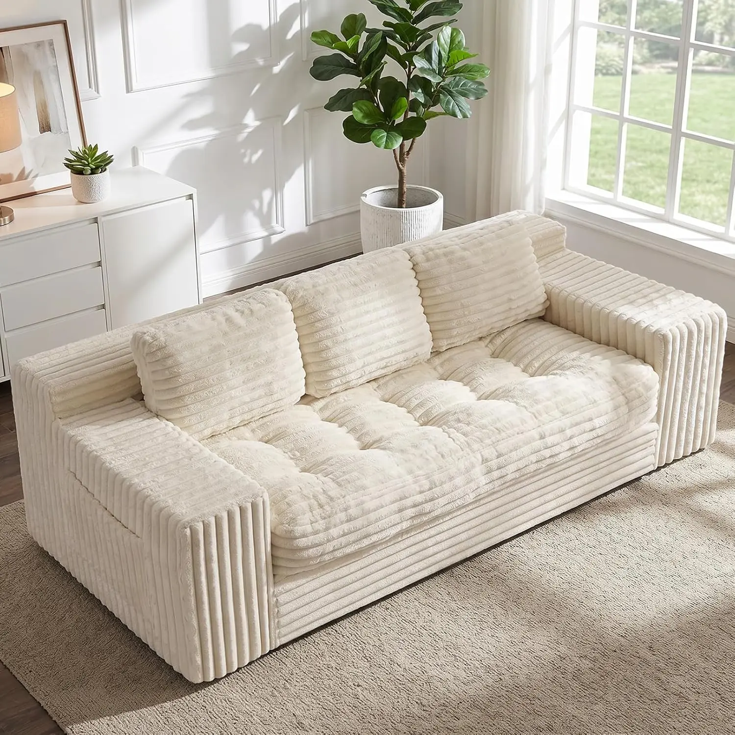 WINZOO Corduroy Boneless Sofa - Cloud Loveseat & 3-Seater Living Room Couches in a Box, Upholstered Indoor Furniture for Living Room & Bedroom, No Assembly Required
