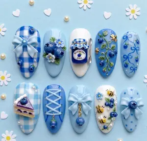 Blueberry Jam Jar Press On Nails 3D Blue Gingham Coquette Bow Bumble Bee