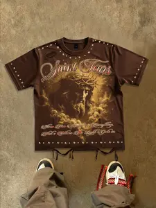 Broken hole cotton American retro Jesus short sleeved loose T-shirt for men, 2026 summer new T-shirt, European and American street fashion casual trendy brand shirt for men, Christian printed aesthetic geometric short sleeved shirt, saint teas slogan