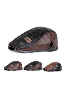 Unisex PU Leather Patchwork Beret Hat, Adjustable Sun Protection Casual Cap for Spring & Fall, Outdoor Travel Beach Vacation