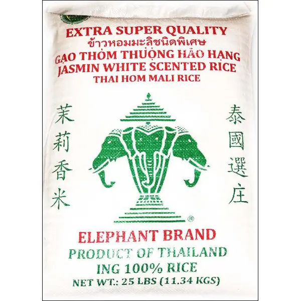 Elephant Brand Extra Super Quality Jasmine White Scented Rice 25 Lbs 11.34 Kgs Thai Hom Mali Rice Product of Thailand