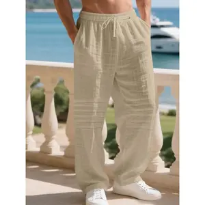 Men's American Style Loose Pleated Linen Pants, Casual Loose Fit with Pockets, Spring & Fall Beach Vacation Lightweight Long Pants