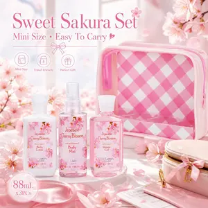 Japanese Cherry Blossom Bath & Body Travel Set – 3oz Shower Gel, 3oz Body Lotion, 3oz Body Mist & 2.5oz Bath Salts | Silky Lather, All-Day Fresh Scent, Moisturizing & Revitalizing | Ideal Gift for Mom, Wife, Sister & Girlfriend